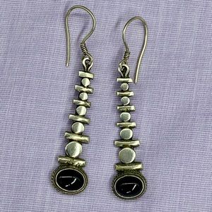 Vintage Sterling Silver Onyx Long Earrings Mexico Modernist OOAK Handmade 925
